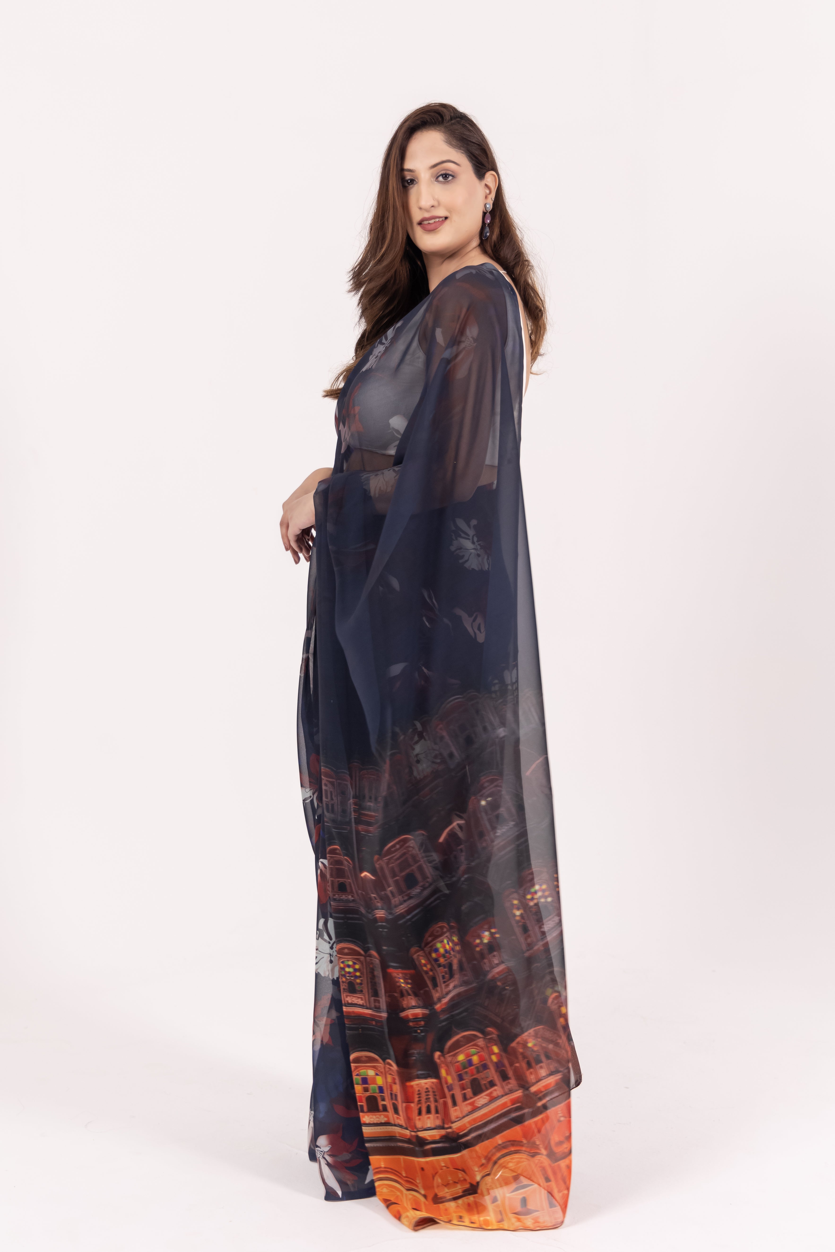 World With U Women’s Designer Saree – Travel Theme | Hawa Mahal Jaipur Print | Royal Rajasthani Drape