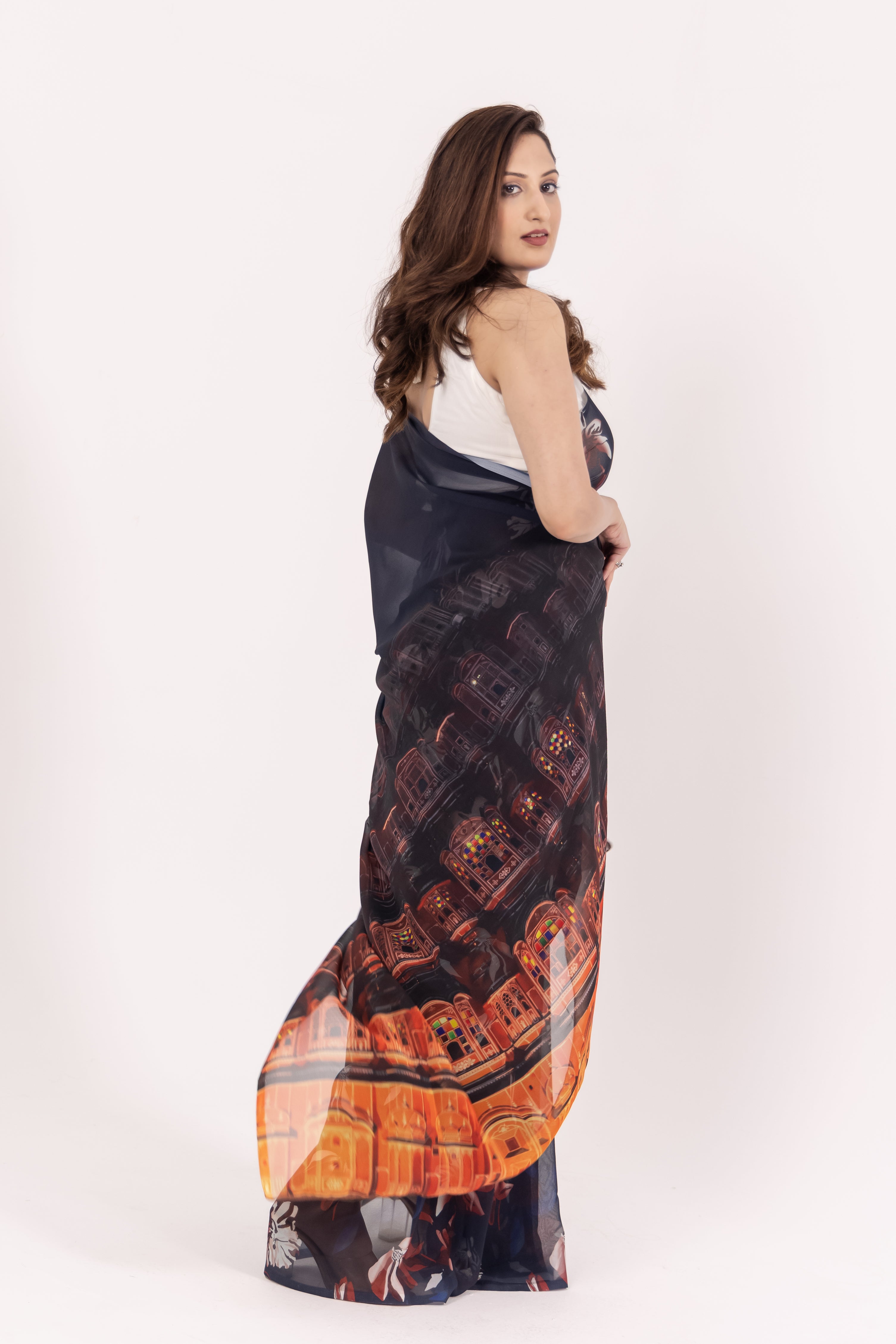 World With U Women’s Designer Saree – Travel Theme | Hawa Mahal Jaipur Print | Royal Rajasthani Drape