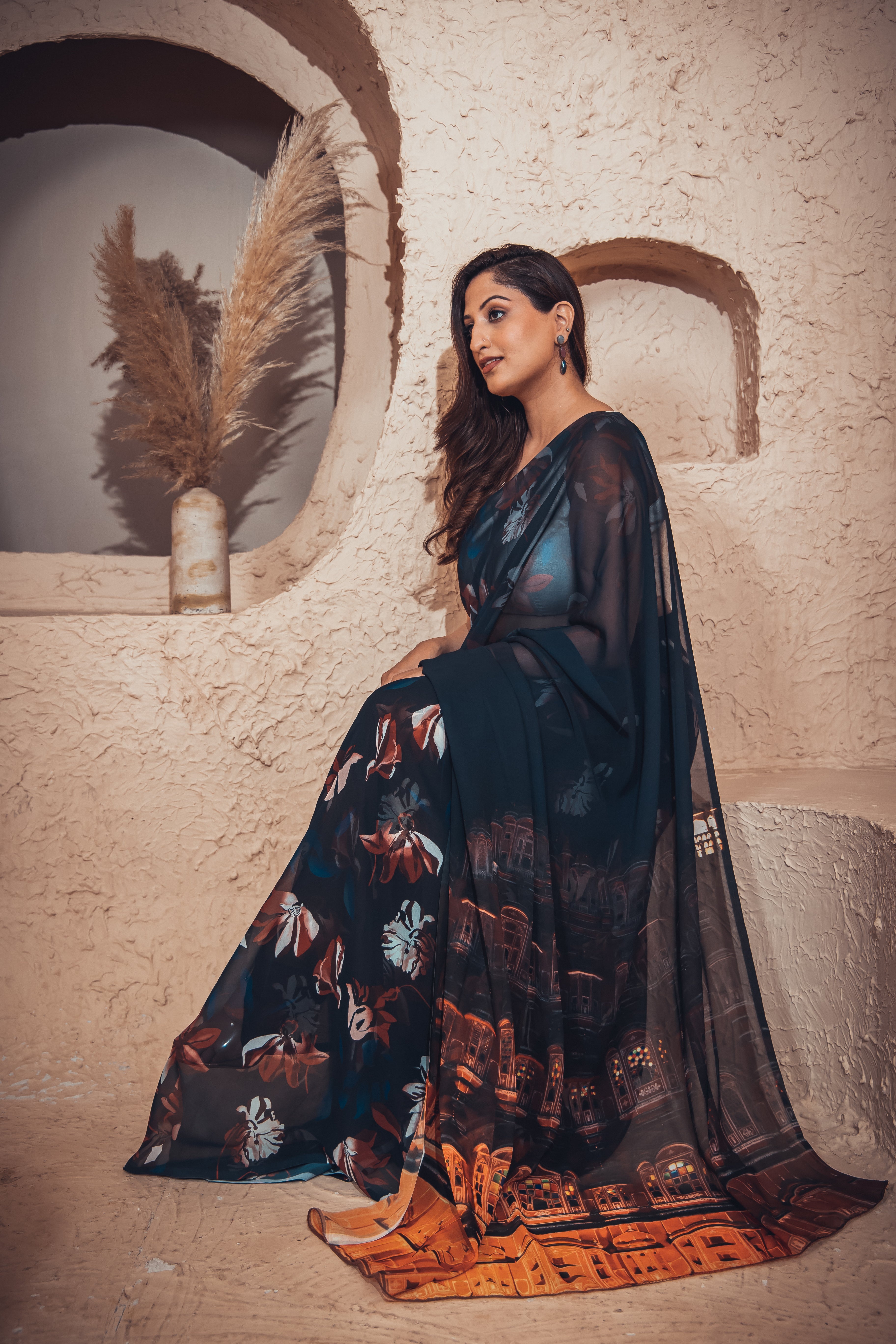 World With U Women’s Designer Saree – Travel Theme | Hawa Mahal Jaipur Print | Royal Rajasthani Drape