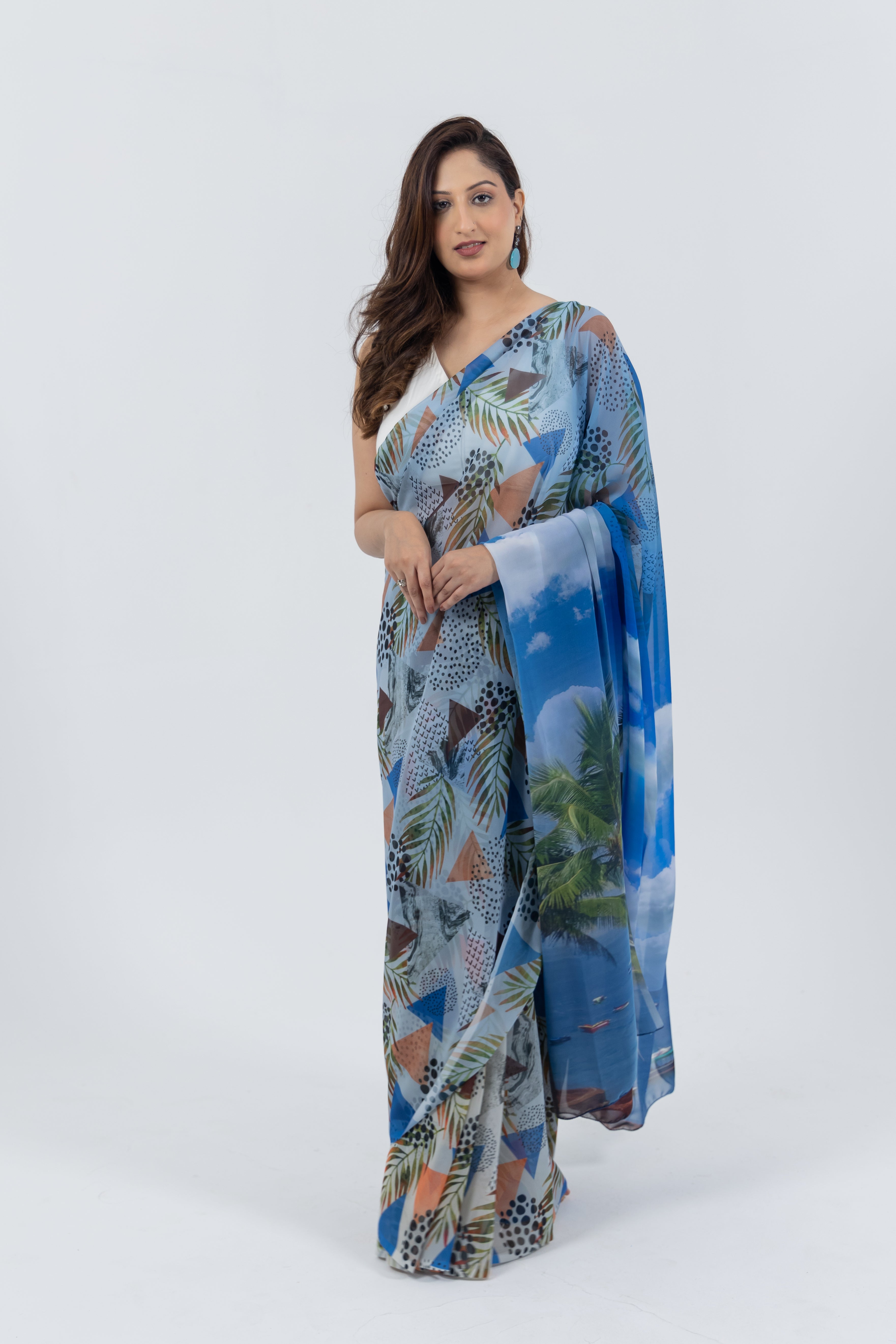 World With U Women’s Designer Saree – Travel Theme | Candolim Beach Goa Print | Beach-Inspired Saree