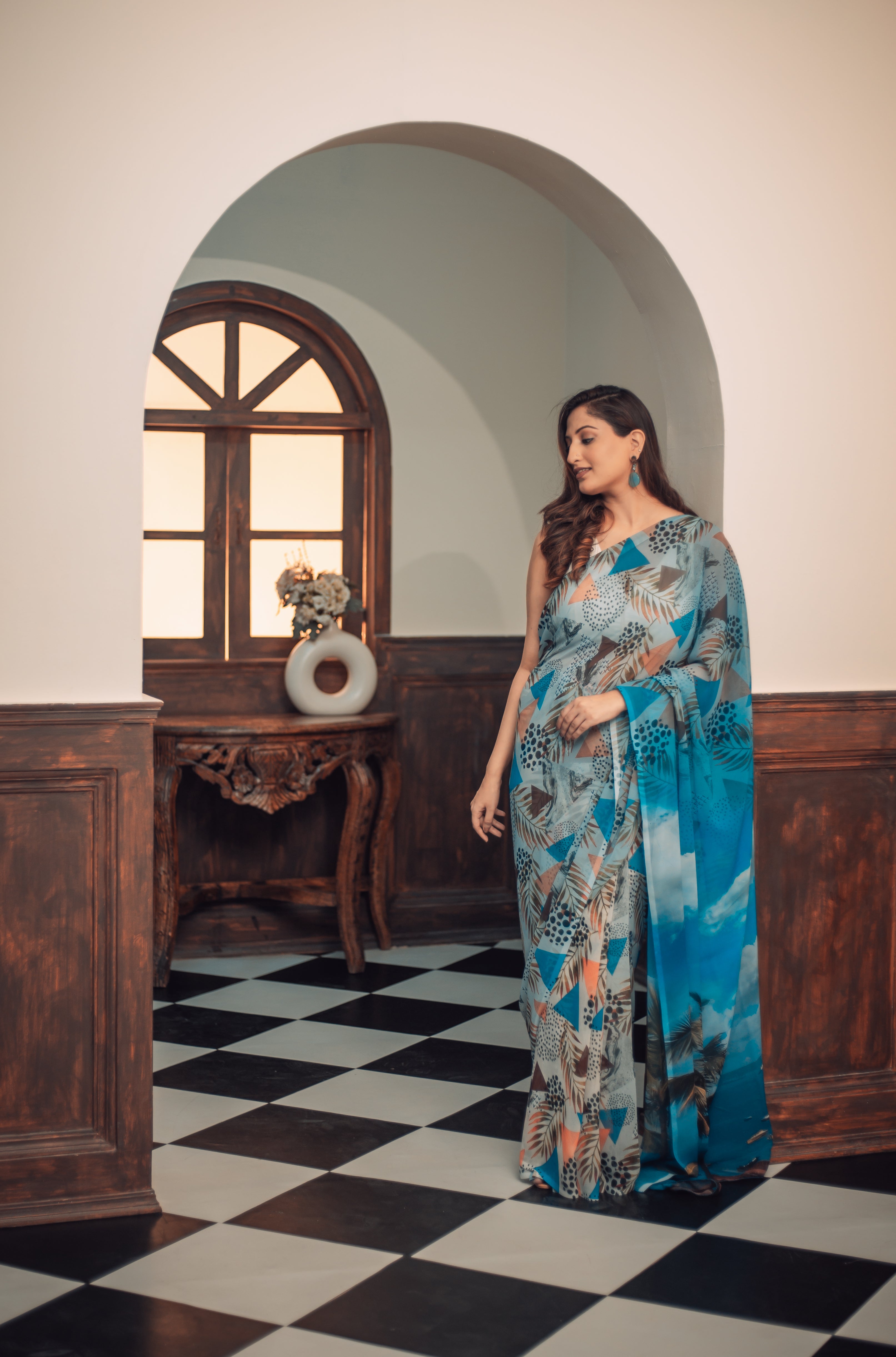 World With U Women’s Designer Saree – Travel Theme | Candolim Beach Goa Print | Beach-Inspired Saree