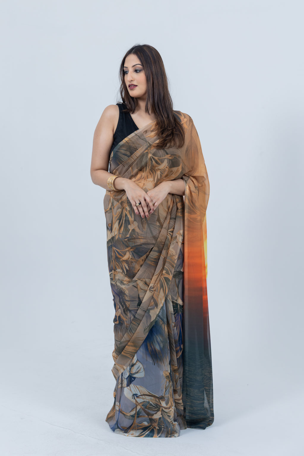 World With U Women’s Designer Saree – Travel Theme | Oia Sunset Santorini Print | Greece-Inspired Fashion