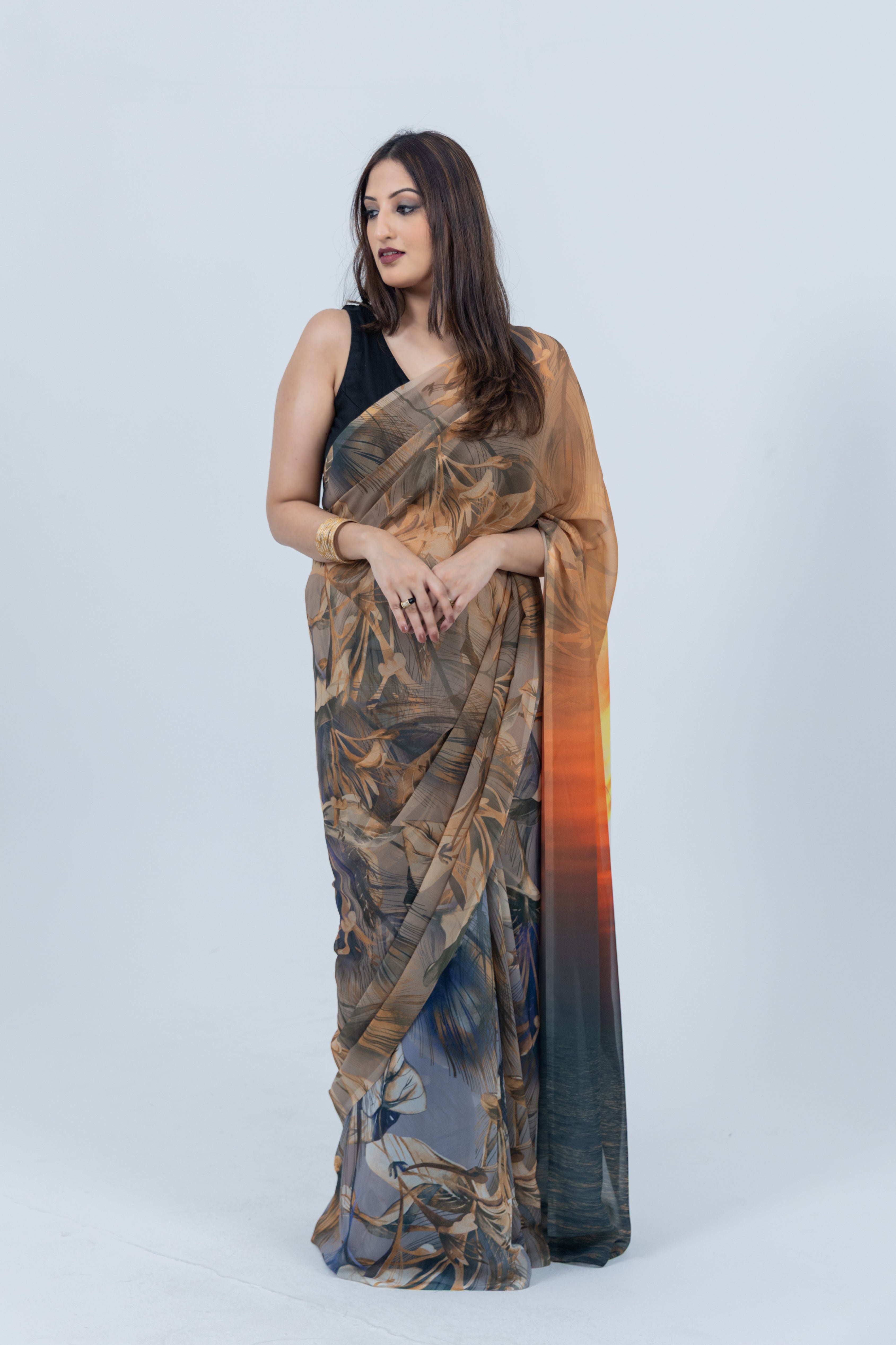 World With U Women’s Designer Saree – Travel Theme | Oia Sunset Santorini Print | Greece-Inspired Fashion