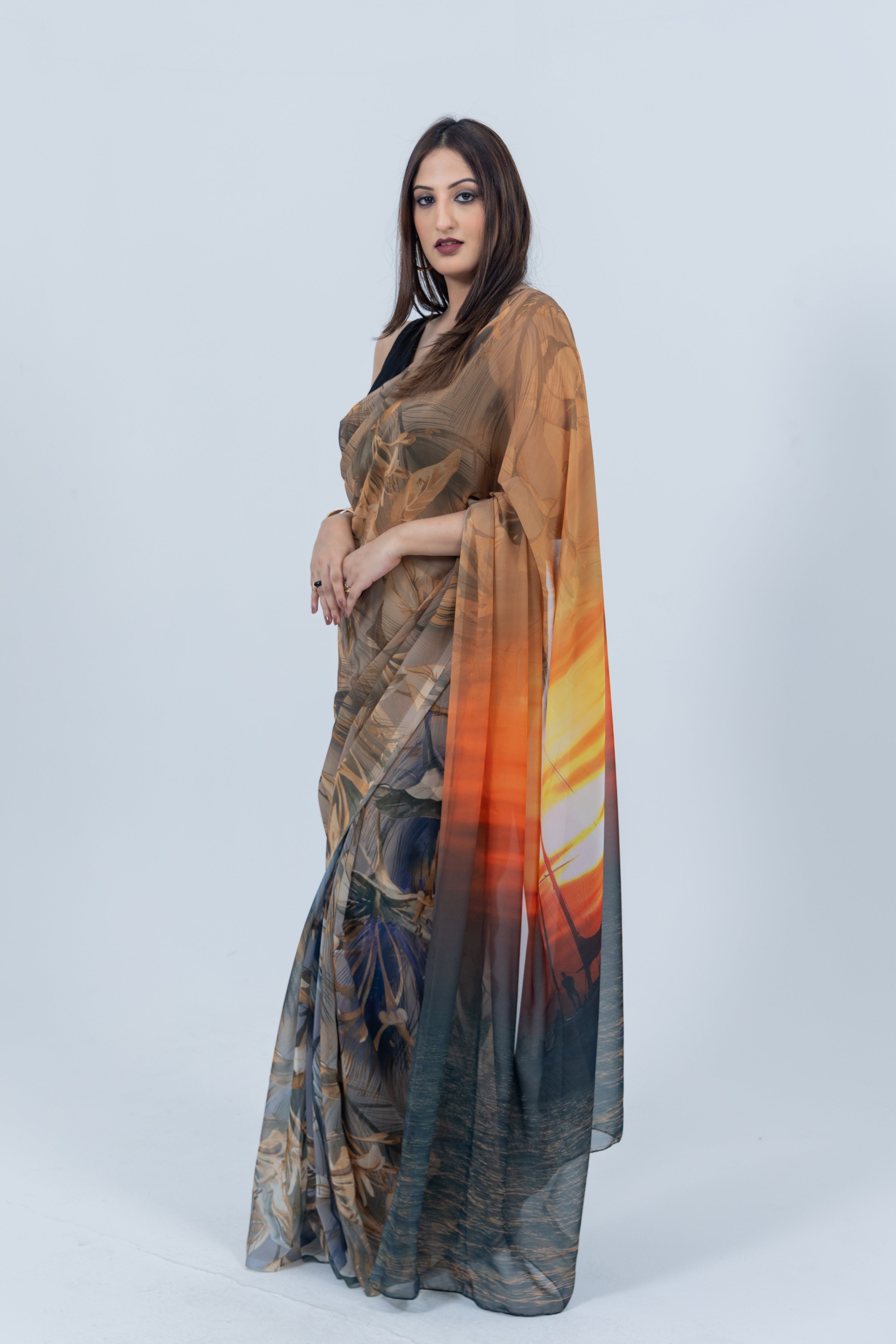 World With U Women’s Designer Saree – Travel Theme | Oia Sunset Santorini Print | Greece-Inspired Fashion