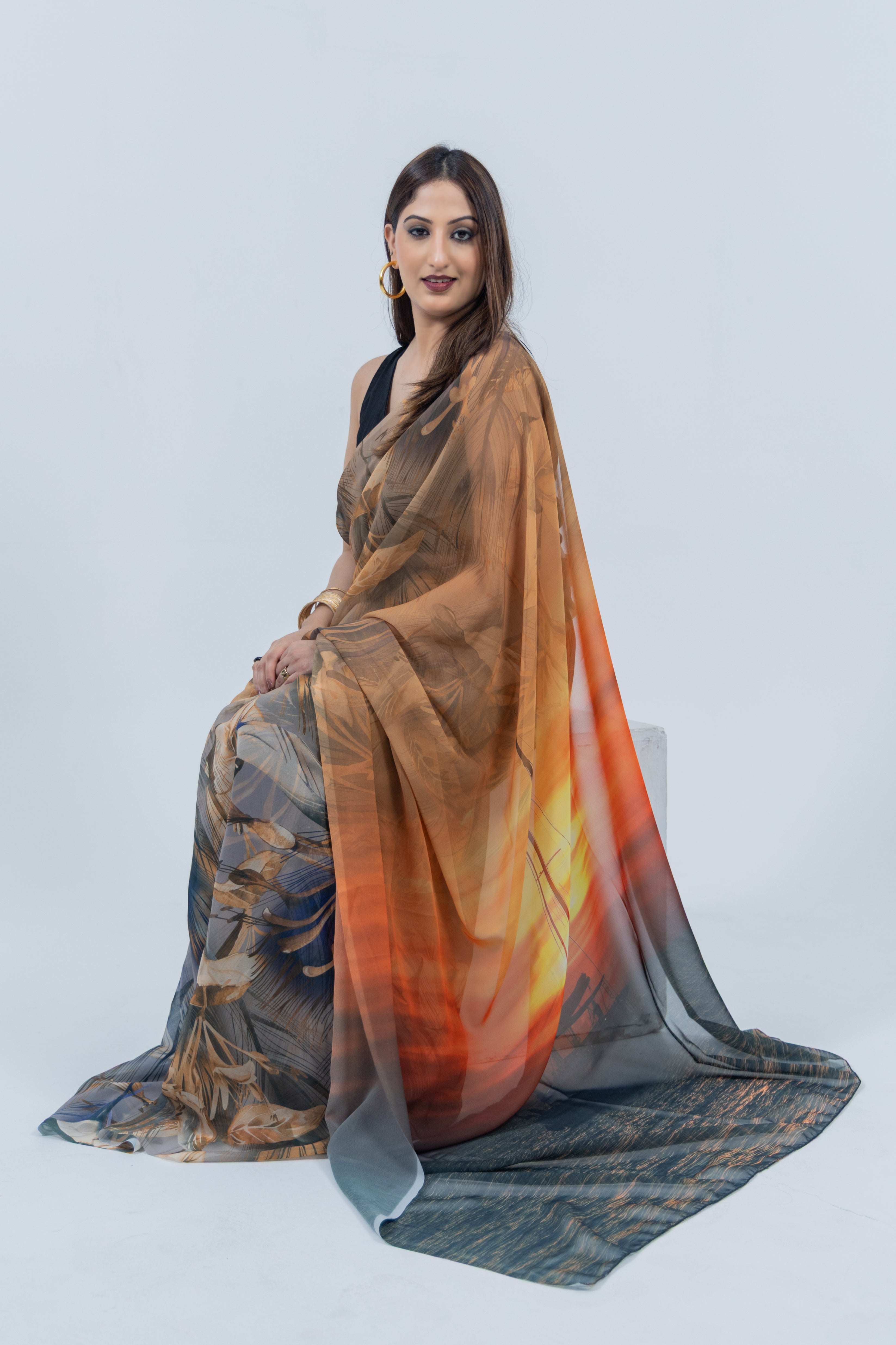 World With U Women’s Designer Saree – Travel Theme | Oia Sunset Santorini Print | Greece-Inspired Fashion