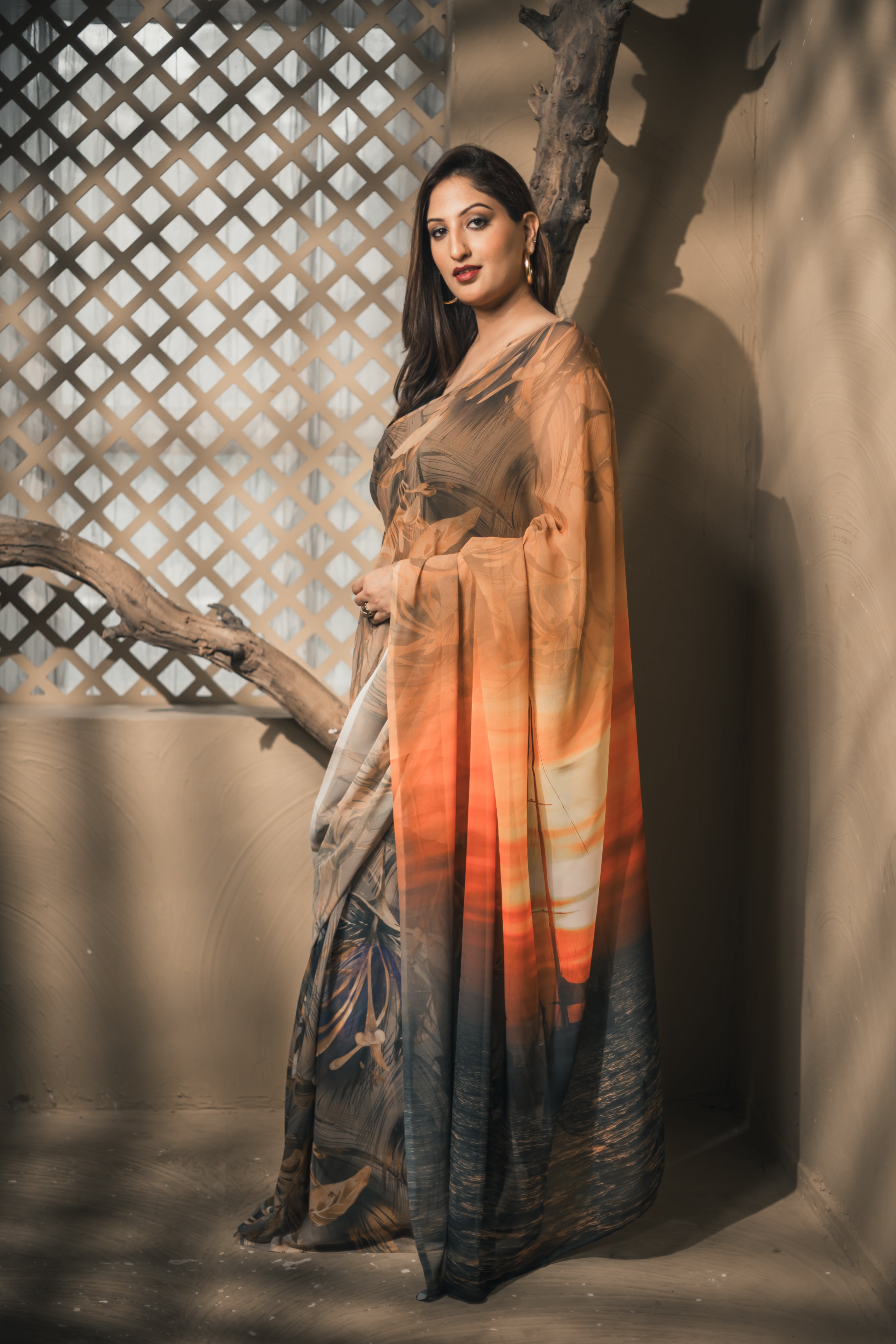 World With U Women’s Designer Saree – Travel Theme | Oia Sunset Santorini Print | Greece-Inspired Fashion
