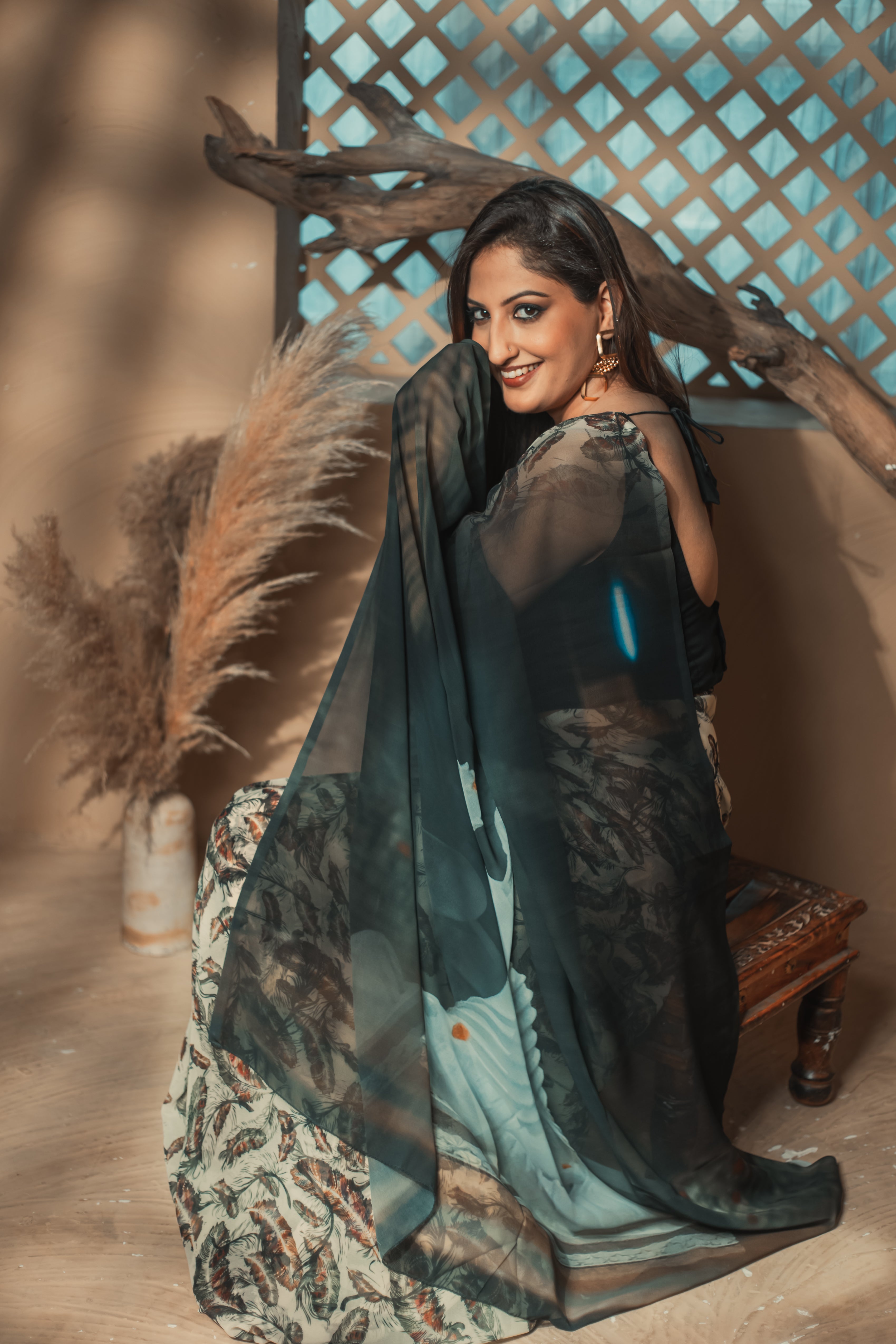 World With U Women’s Designer Saree – Travel Theme | Lord Buddha Statue Gangtok Print | Spiritual Drape