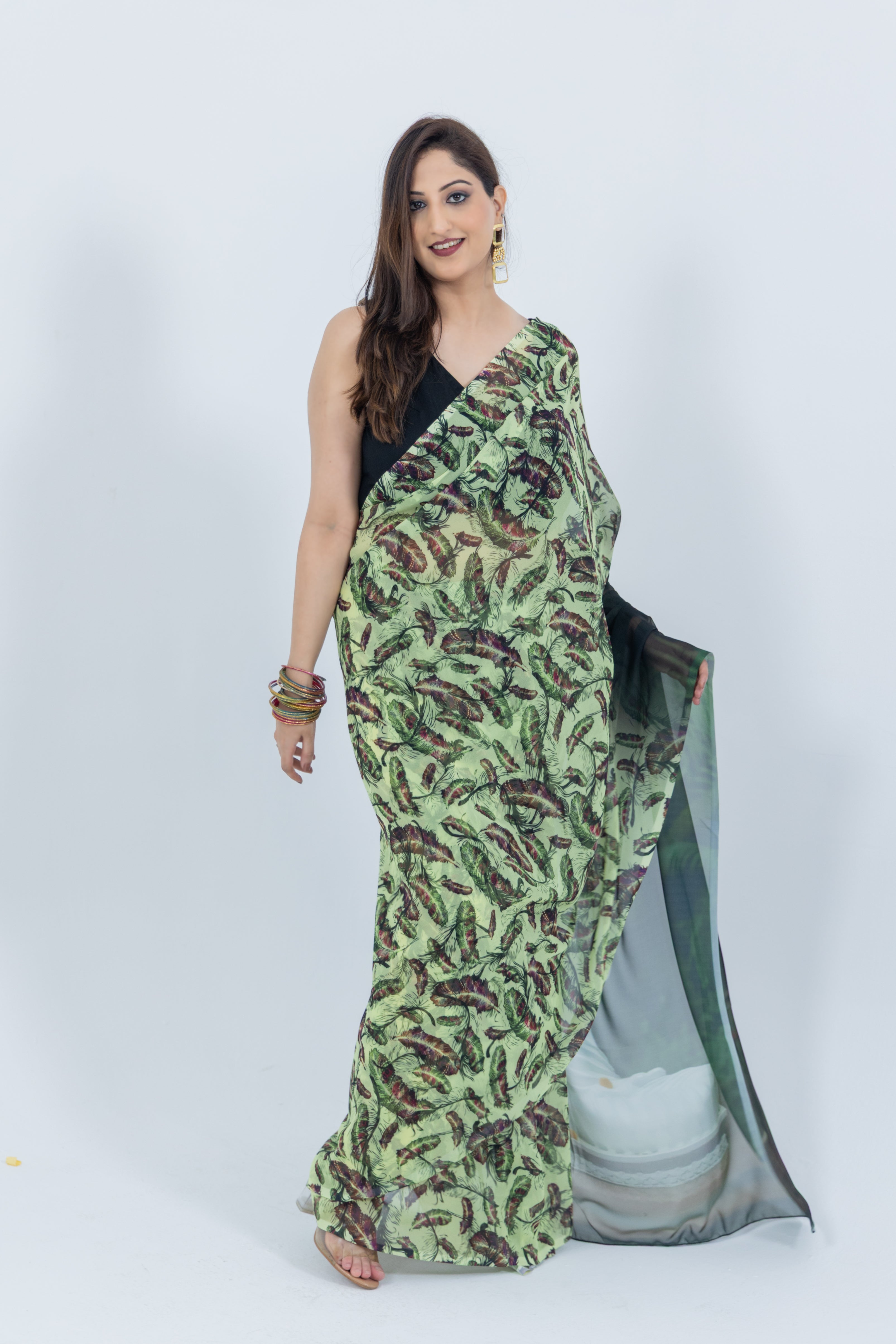 World With U Women’s Designer Saree – Travel Theme | Lord Buddha Statue Gangtok Print | Spiritual Drape