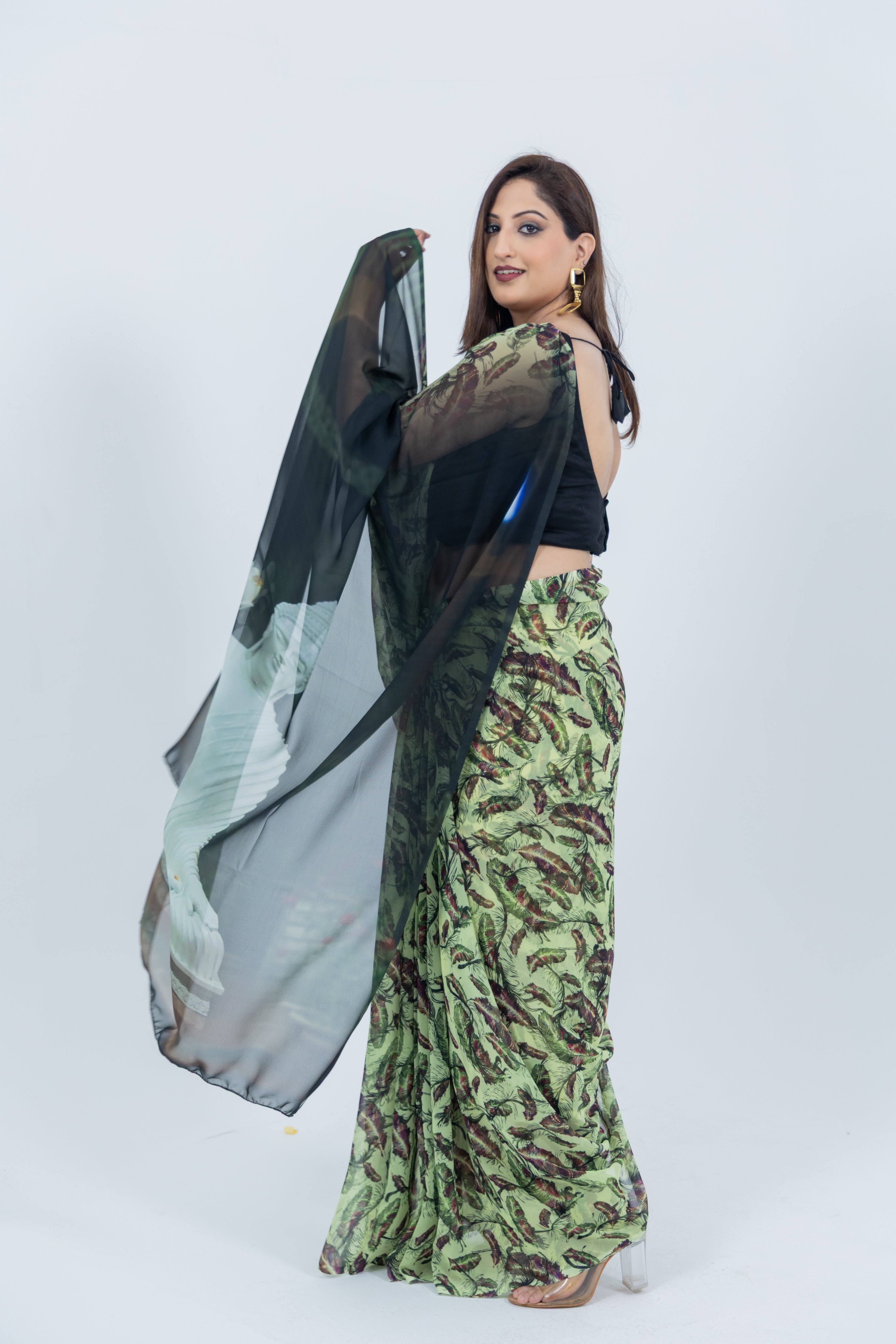 World With U Women’s Designer Saree – Travel Theme | Lord Buddha Statue Gangtok Print | Spiritual Drape