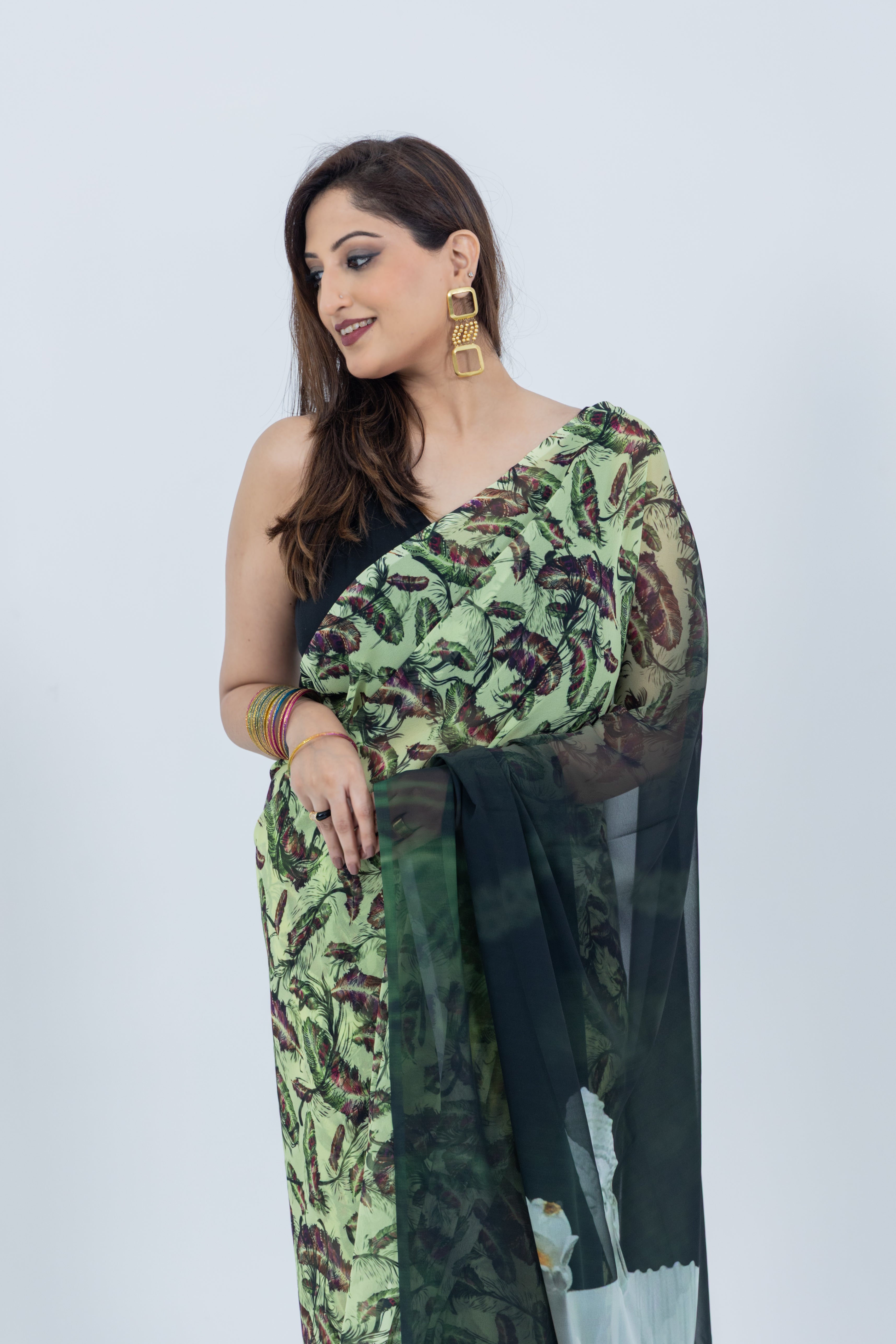 World With U Women’s Designer Saree – Travel Theme | Lord Buddha Statue Gangtok Print | Spiritual Drape
