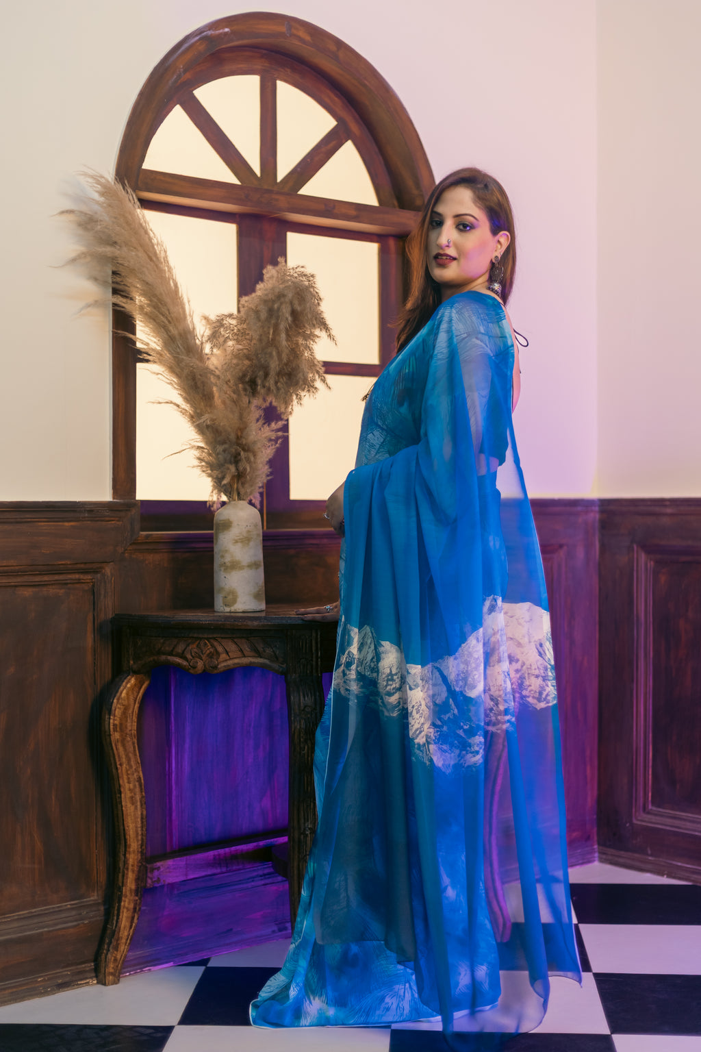 World With U Women’s Designer Saree – Travel Theme | Kanchenjunga Mountain Print | Himalayan-Inspired