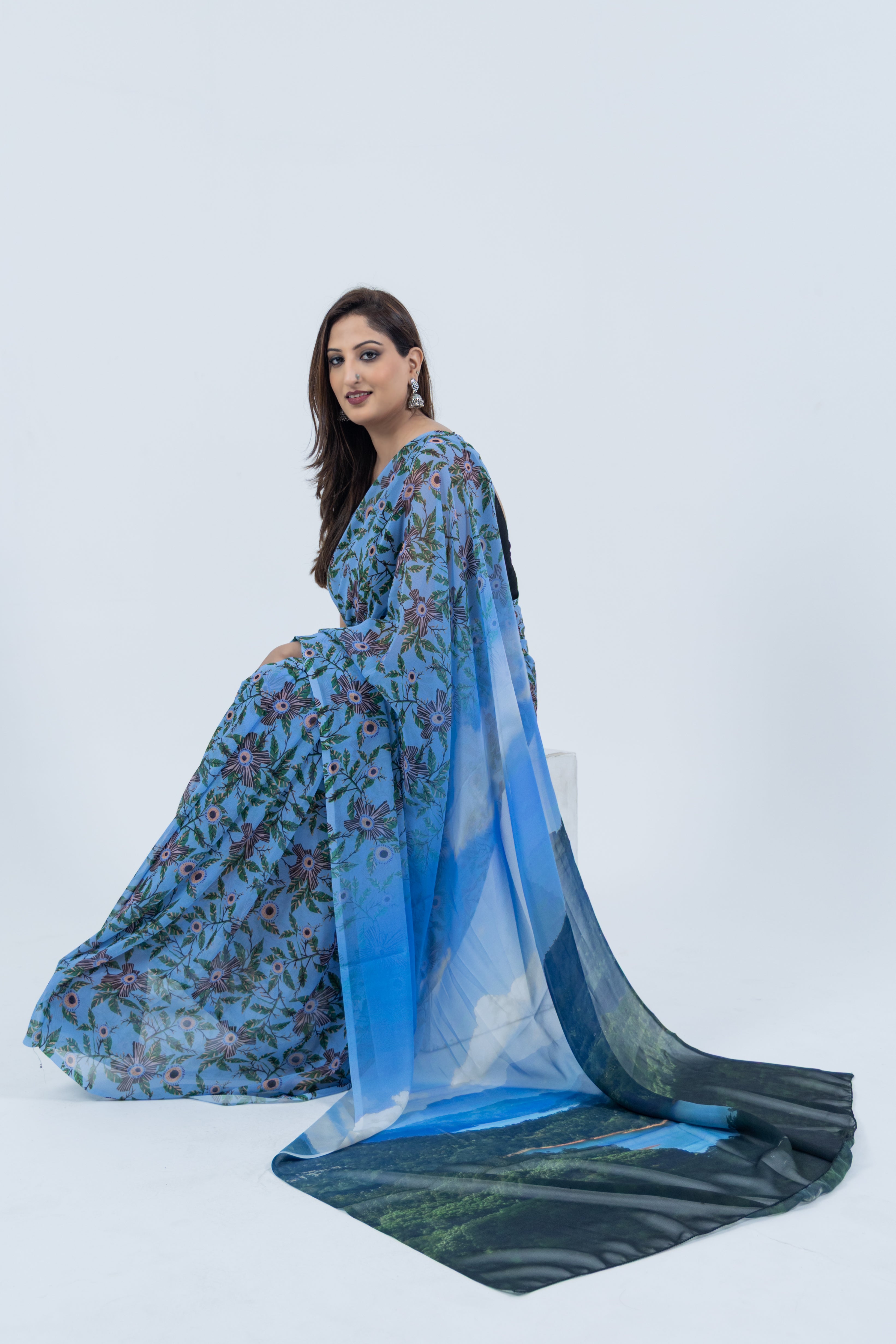 World With U Women’s Designer Saree – Travel Theme | Kotmale Reservoir Sri Lanka Print | Scenic Wear