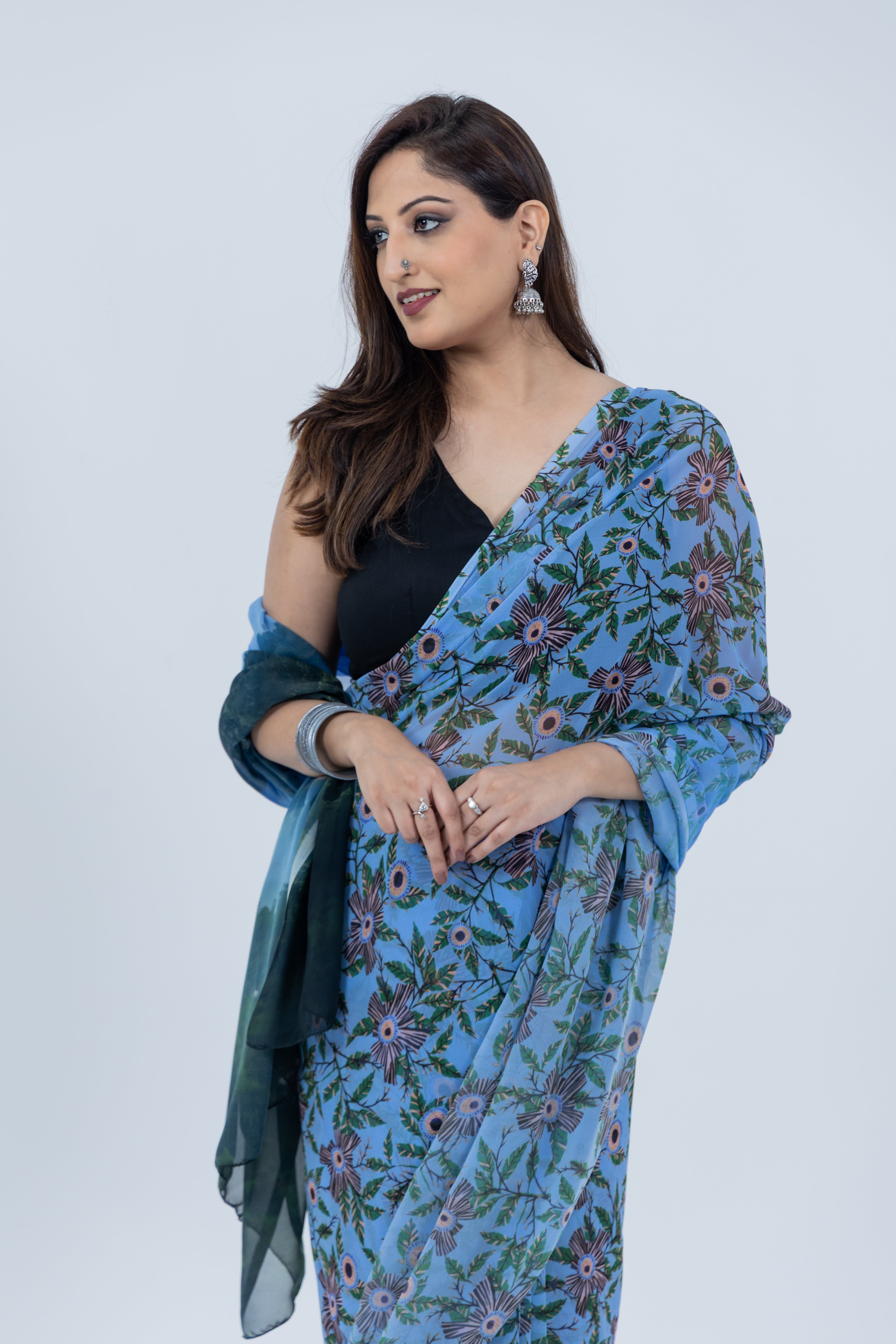 World With U Women’s Designer Saree – Travel Theme | Kotmale Reservoir Sri Lanka Print | Scenic Wear