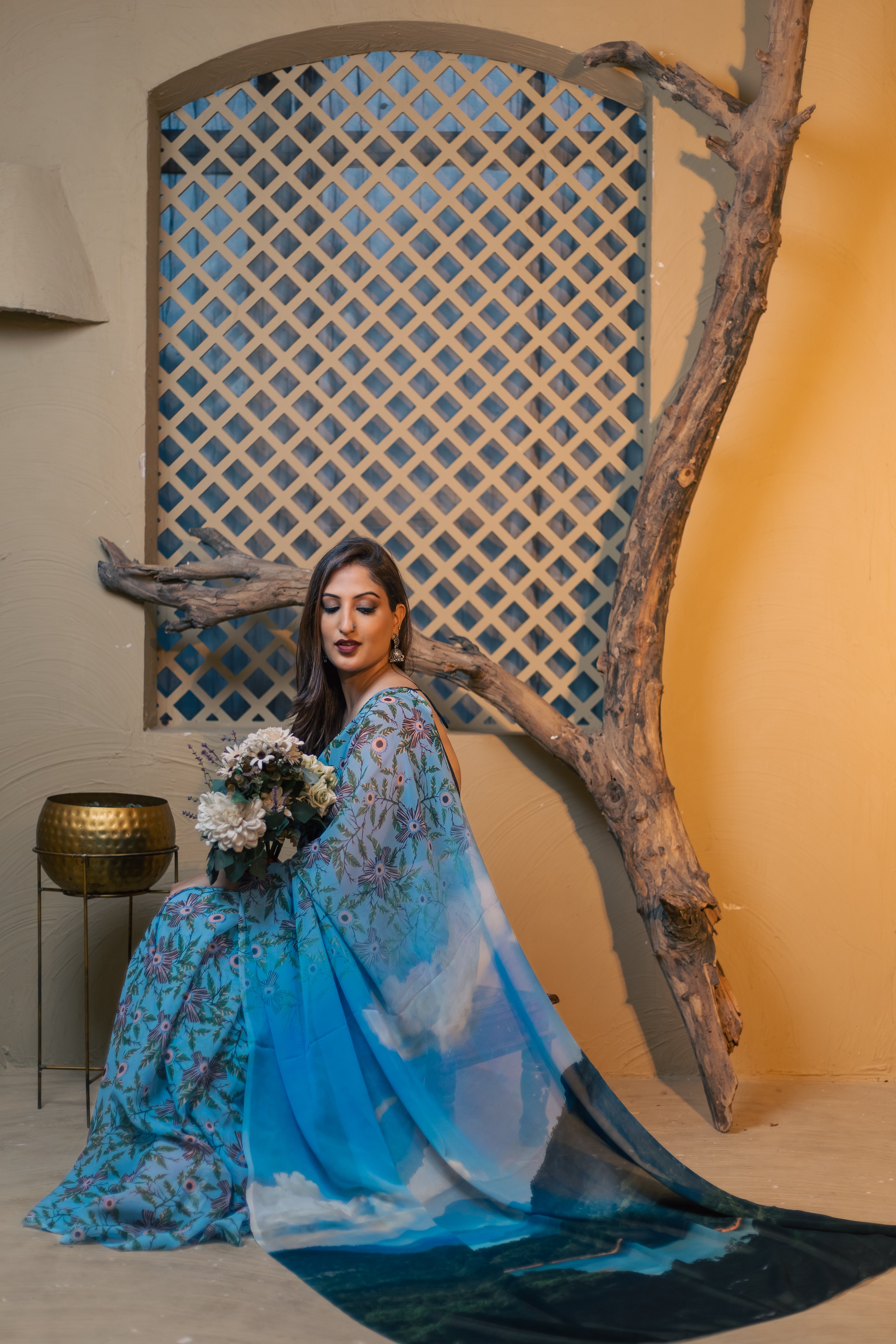 World With U Women’s Designer Saree – Travel Theme | Kotmale Reservoir Sri Lanka Print | Scenic Wear