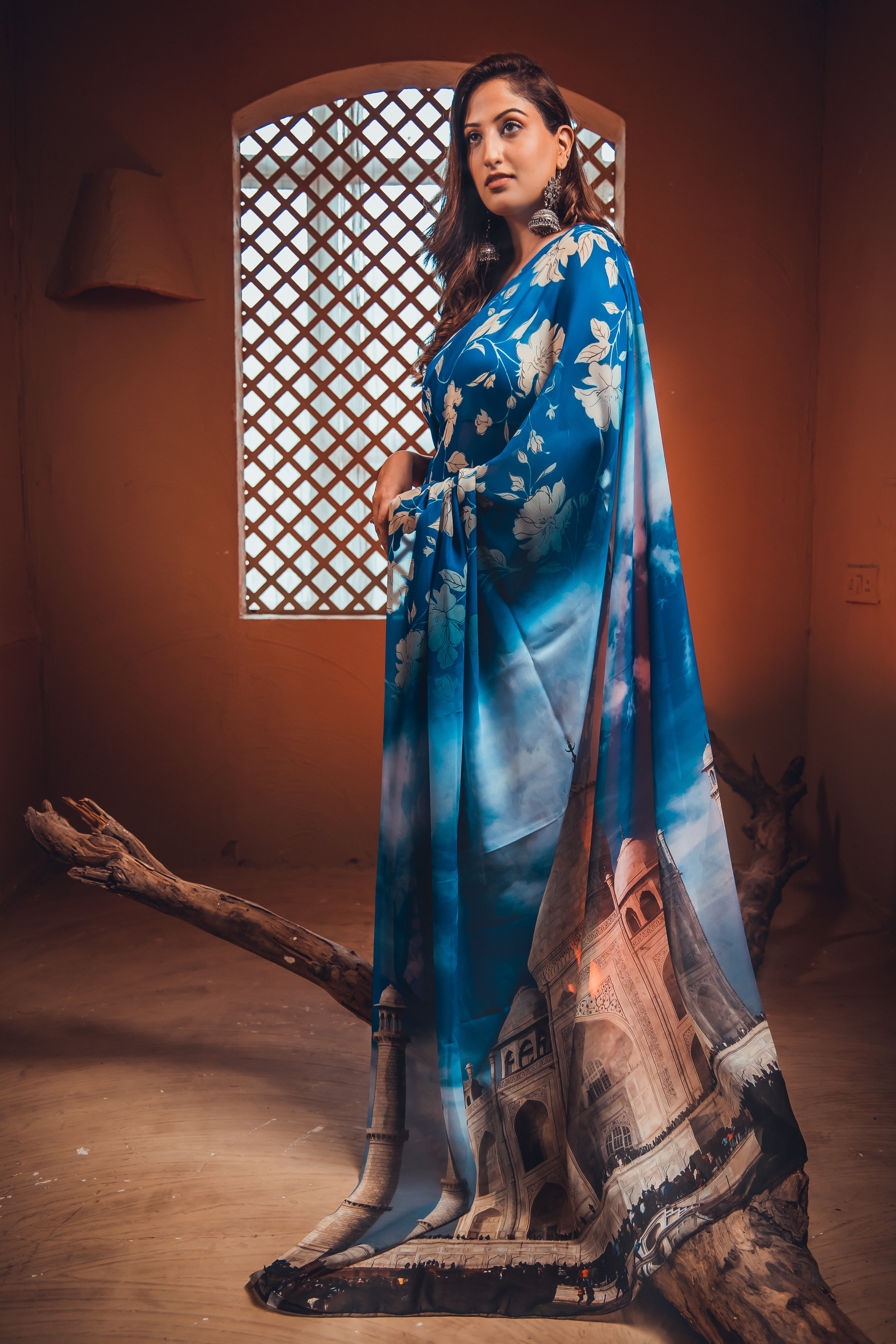 World With U Women’s Designer Saree – Travel Theme | Taj Mahal Print | Ethnic Wear | Soft Fabric