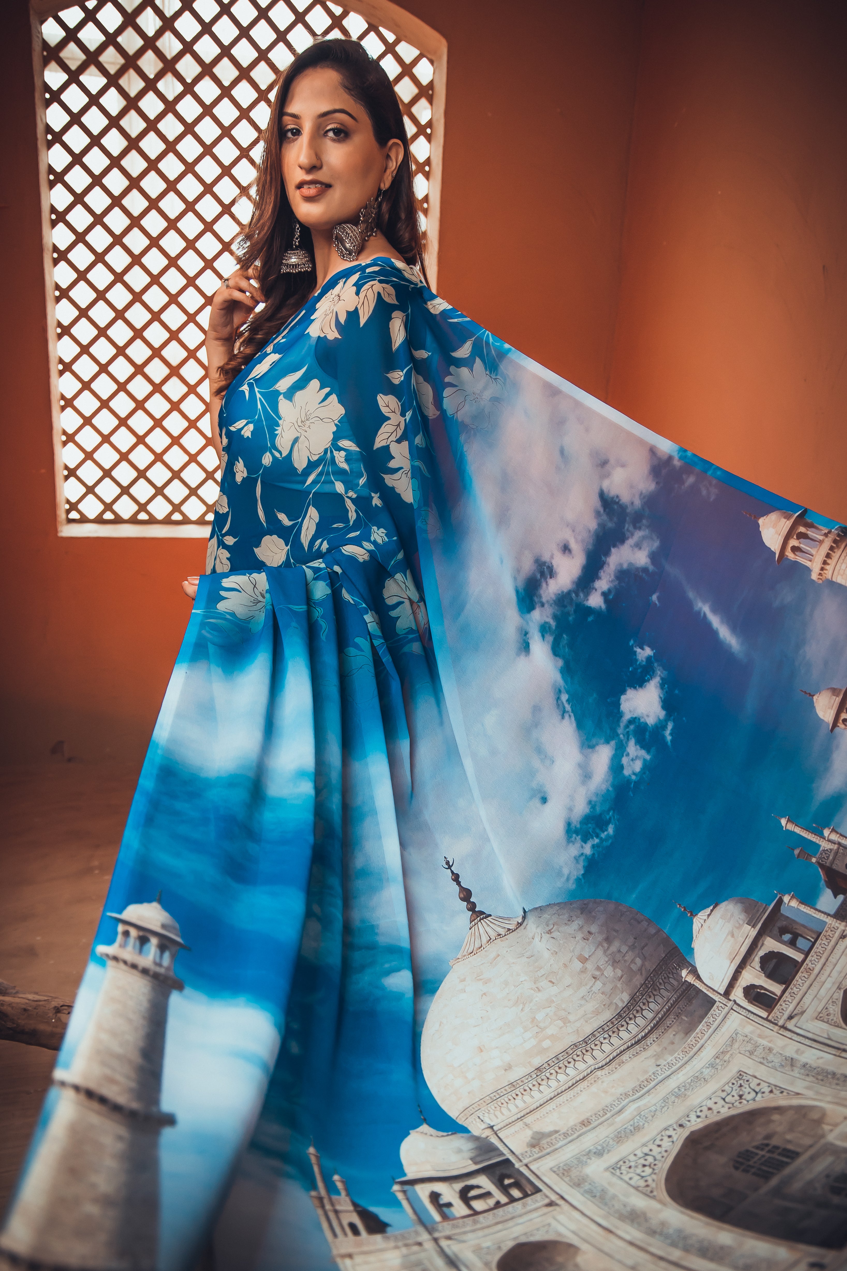 World With U Women’s Designer Saree – Travel Theme | Taj Mahal Print | Ethnic Wear | Soft Fabric